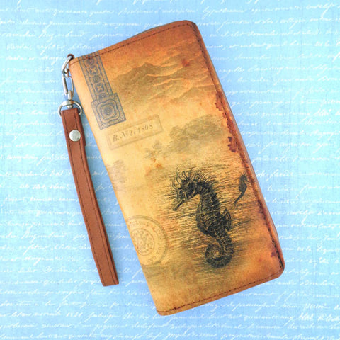 Online shopping for LAVISHY's cool wristlet large wallet with vintage style seahorse illustration on old map background print. Great for everyday use & travel. A cool gift for family & friends. Wholesale at www.lavishy.com for gift Online shopping for LAVISHYs, fashion accessories & clothing boutiques, book stores since 2001.