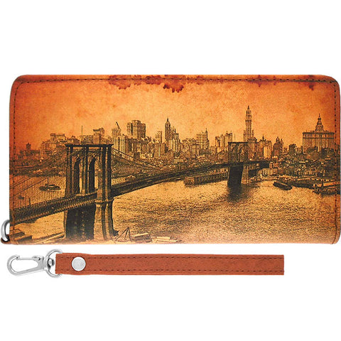 LAVISHY cool vegan large wristlet wallet with vintage style Brooklyn bridge illustration print. Great for everyday use & travel. Fun gift idea for family & friends who love New York. Wholesale at www.lavishy.com for gift shops, fashion accessories & clothing boutiques, book stores since 2001.
