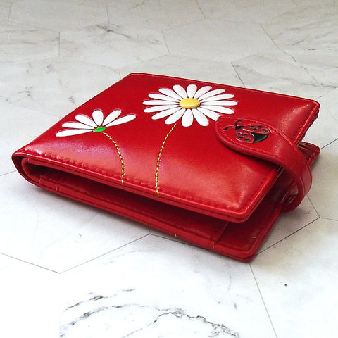 Red LAVISHY Eco-friendly embossed daisy & ladybug vegan leather medium bi-fold wallet for women. Great for everyday use or as gift idea for friends & family. 