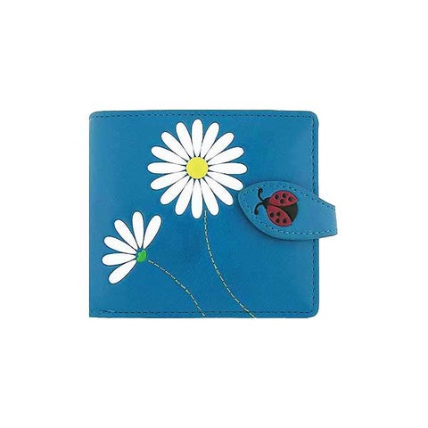 Blue LAVISHY Eco-friendly embossed daisy & ladybug vegan leather medium bi-fold wallet for women. Great for everyday use or as gift idea for friends & family. 
