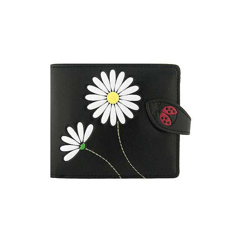 Black LAVISHY Eco-friendly embossed daisy & ladybug vegan leather medium bi-fold wallet for women. Great for everyday use or as gift idea for friends & family. 