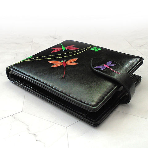 LAVISHY Eco-friendly embossed dragonfly &lucky four leaf clover vegan medium bi-fold wallet for women. Great for everyday use or as gift idea for friends & family. 