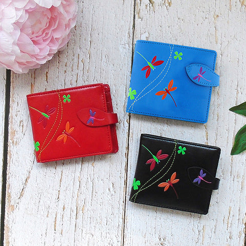 LAVISHY Eco-friendly embossed dragonfly &lucky four leaf clover vegan medium bi-fold wallet for women. Great for everyday use or as gift idea for friends & family. 