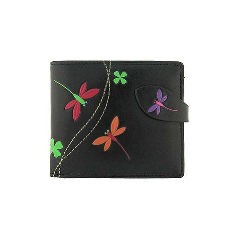 Black LAVISHY Eco-friendly embossed dragonfly &lucky four leaf clover vegan medium bi-fold wallet for women. Great for everyday use or as gift idea for friends & family. 