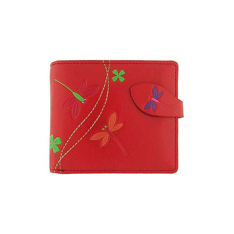 Red LAVISHY Eco-friendly embossed dragonfly &lucky four leaf clover vegan medium bi-fold wallet for women. Great for everyday use or as gift idea for friends & family. 