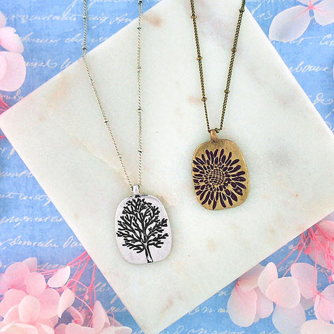 LAVISHY handmade vintage style tree & sunflower reversible necklace