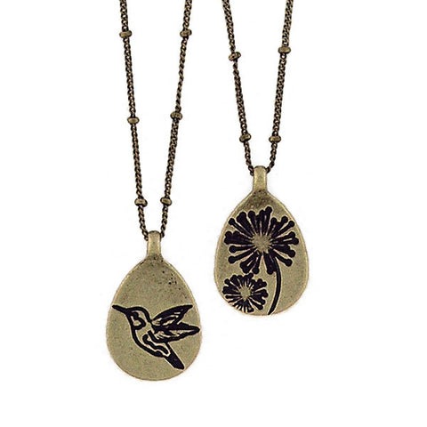 LAVISHY handmade vintage style hummingbird & flower reversible necklace