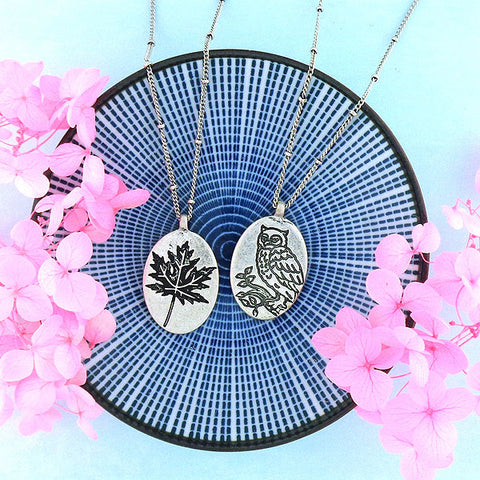 LAVISHY handmade vintage style owl & maple leaf reversible necklace