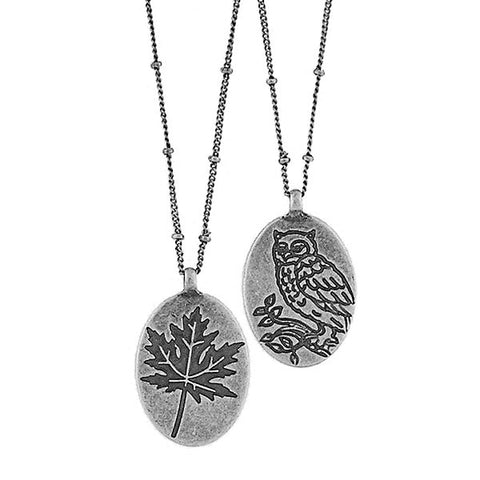 LAVISHY handmade vintage style owl & maple leaf reversible necklace