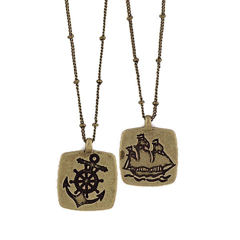 LAVISHY handmade vintage style boat & wheel/anchor reversible necklace