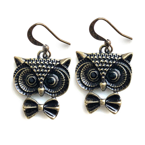LAVISHY handmade vintage style owl with bow tie earrings