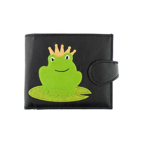 LAVISHY fun & Eco-friendly frog prince charming applique vegan medium bifold wallet. Great for everyday use, cool gift for family & friends. Wholesale at www.lavishy.com for gift shops, clothing & fashion accessories boutiques, book stores in Canada, USA & worldwide since 2001.
