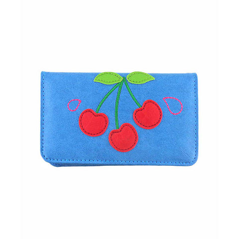 Online shopping for vegan brand LAVISHY's fun & playful applique vegan/faux leather cardholder with adorable cherry applique.  It's Eco-friendly, ethically made, cruelty free. A great gift for you or your friends & family. Wholesale at www.lavishy.com with many unique & fun fashion accessories.