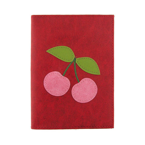 LAVISHY Eco-friendly cherry applique vegan leather passport cover. Great for travel or gift for your family and friends. Wholesale at www.lavishy.com for gift shops, clothing and fashion accessories boutiques, book stores in Canada, USA and worldwide since 2001.