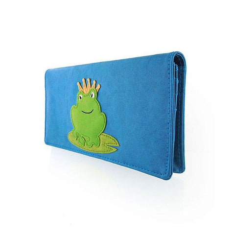 LAVISHY fun & Eco-friendly cruelty free frog prince charming applique vegan large wallet. Great for everyday use, cool gift for family & friends. Wholesale at www.lavishy.com for gift shops, clothing & fashion accessories boutiques, book stores in Canada, USA & worldwide since 2001.
