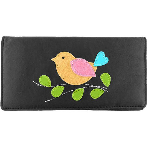 LAVISHY fun & Eco-friendly cruelty free colorful bird applique vegan large wallet. Great for everyday use, cool gift for family & friends. Wholesale at www.lavishy.com for gift shops, clothing & fashion accessories boutiques, book stores in Canada, USA & worldwide since 2001.
