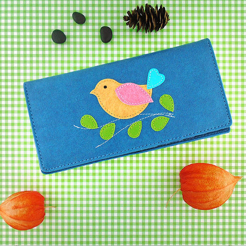 LAVISHY fun & Eco-friendly cruelty free colorful bird applique vegan large wallet. Great for everyday use, cool gift for family & friends. Wholesale at www.lavishy.com for gift shops, clothing & fashion accessories boutiques, book stores