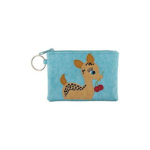 Online shopping for vegan brand LAVISHY's playful applique vegan key ring coin purse with adorable deer with cherry applique. Great for everyday use, fun gift for family & friends. Wholesale at www.lavishy.com for gift shop, clothing & fashion accessories boutique, book store in Canada, USA & worldwide since 2001.