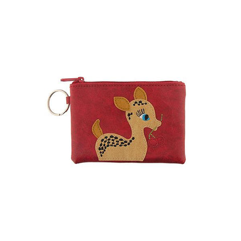 Online shopping for vegan brand LAVISHY's playful applique vegan key ring coin purse with adorable deer with cherry applique. Great for everyday use, fun gift for family & friends. Wholesale at www.lavishy.com for gift shop, clothing & fashion accessories boutique, book store in Canada, USA & worldwide since 2001.