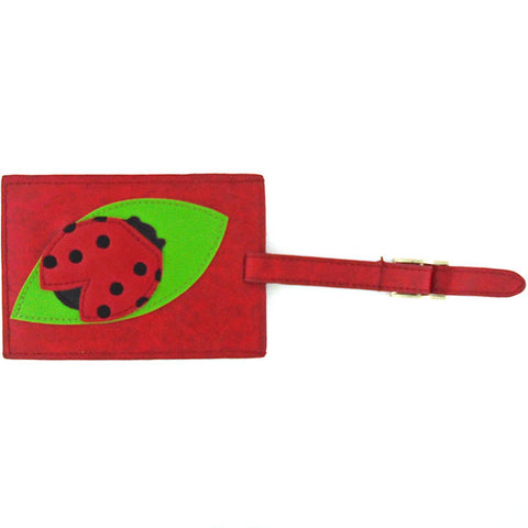 Online shopping for vegan brand LAVISHY's fun & playful applique vegan/faux leather luggage tag with adorable ladybug applique. It's Eco-friendly, ethically made, cruelty free. A great gift for you or your friends & family. Wholesale at www.lavishy.com with many unique & fun fashion accessories.