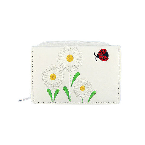 LAVISHY daisy & ladybug embroidered small tri-fold wallet for women