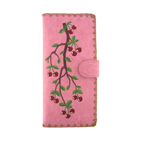 LAVISHY embroidered cherry large vegan flat wallet for women