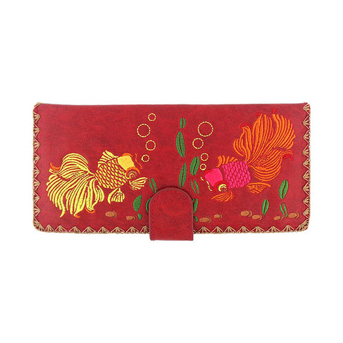 LAVISHY Eco-friendly, ethically made, cruelty free embroidered large flat wallet for women features goldfish embroidery motif. Wholesale at www.lavishy.com for retailers like gift shop, clothing & fashion accessories boutique & book store worldwide since 2001.