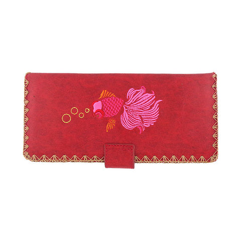 Online shopping for vegan brand LAVISHY's Eco-friendly, ethically made, cruelty free embroidered large flat wallet for women features goldfish embroidery motif. Wholesale at www.lavishy.com for retailers like gift shop, clothing & fashion accessories boutique & book store worldwide since 2001.