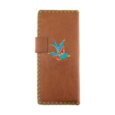 LAVISHY Eco-friendly, ethically made, cruelty free embroidered large flat wallet for women features tattoo style love birds & rose flower embroidery motif. Wholesale at www.lavishy.com for retailers like gift shop, clothing & fashion accessories boutique & book store worldwide since 2001.