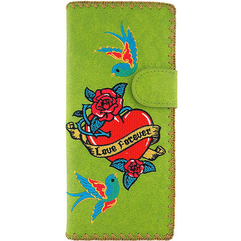 LAVISHY Eco-friendly, ethically made, cruelty free embroidered large flat wallet for women features tattoo style love birds & rose flower embroidery motif. Wholesale at www.lavishy.com for retailers like gift shop, clothing & fashion accessories boutique & book store worldwide since 2001.