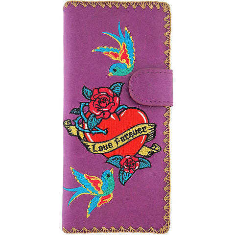 Online shopping for vegan brand LAVISHY's Eco-friendly, ethically made, cruelty free embroidered large flat wallet for women features tattoo style love birds & rose flower embroidery motif. Wholesale at www.lavishy.com for retailers like gift shop, clothing & fashion accessories boutique & book store worldwide since 2001.
