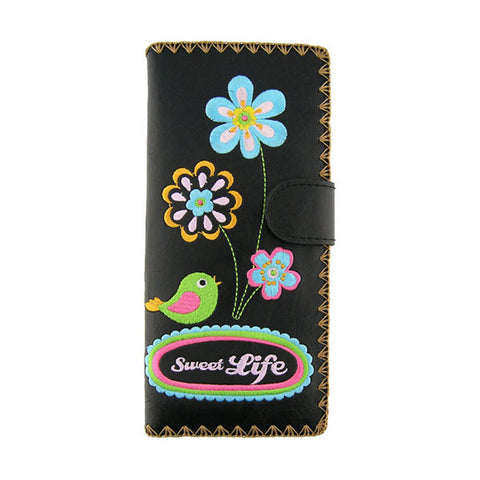 LAVISHY Eco-friendly, ethically made, cruelty free embroidered large flat wallet for women features sweet life flower & bird embroidery motif. Wholesale at www.lavishy.com for retailers like gift shop, clothing & fashion accessories boutique & book store worldwide since 2001.