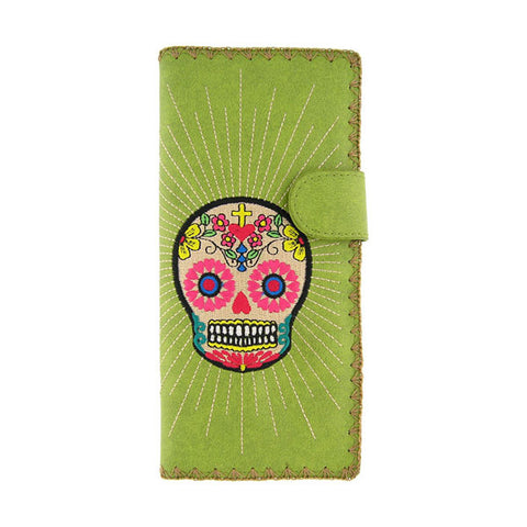 LAVISHY Eco-friendly, ethically made, cruelty free embroidered large flat wallet for women features Mexican day of the dead sugar skull inspired skull embroidery motif. Wholesale at www.lavishy.com for gift shop, clothing & fashion accessories boutique & book store worldwide since 2001.