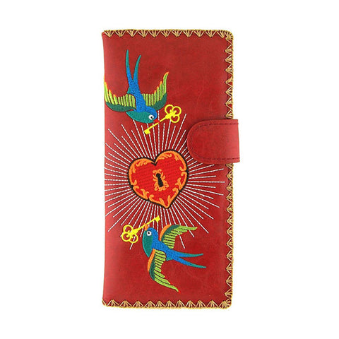 LAVISHY Eco-friendly, ethically made, cruelty free embroidered large flat wallet for women features tattoo style love birds & heart embroidery motif. Wholesale at www.lavishy.com for retailers like gift shop, clothing & fashion accessories boutique & book store worldwide since 2001.