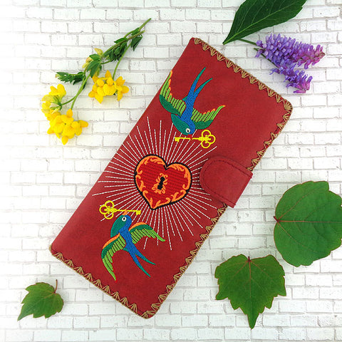 LAVISHY Eco-friendly, ethically made, cruelty free embroidered large flat wallet for women features tattoo style love birds & heart embroidery motif. Wholesale at www.lavishy.com for retailers like gift shop, clothing & fashion accessories boutique & book store worldwide since 2001.