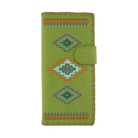 LAVISHY Eco-friendly, ethically made, cruelty free embroidered large flat wallet for women features American Southwest tribal pattern embroidery motif. Wholesale at www.lavishy.com for retailers like gift shop, clothing & fashion accessories boutique & book store worldwide since 2001.