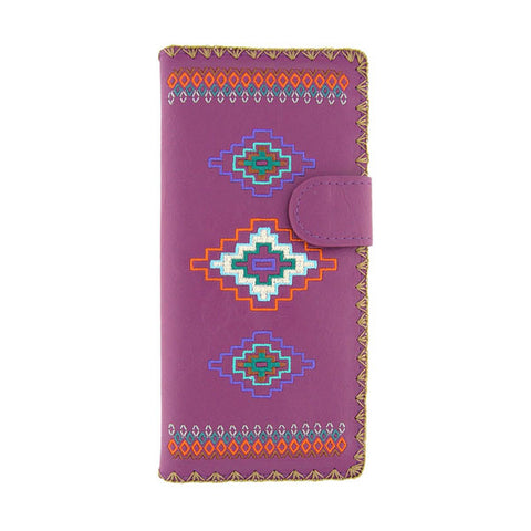 Online shopping for vegan brand LAVISHY's Eco-friendly, ethically made, cruelty free embroidered large flat wallet for women features American Southwest tribal pattern embroidery motif. Wholesale at www.lavishy.com for retailers like gift shop, clothing & fashion accessories boutique & book store worldwide since 2001.