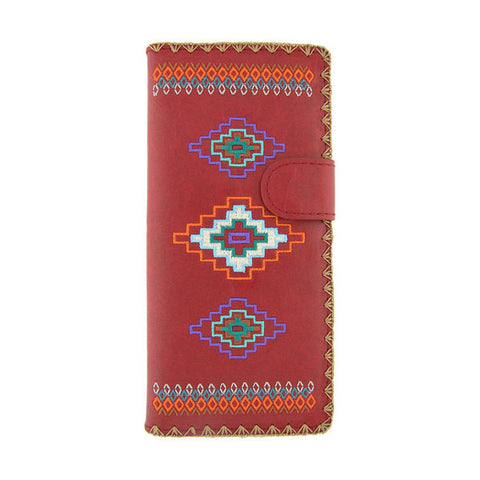 LAVISHY Eco-friendly, ethically made, cruelty free embroidered large flat wallet for women features American Southwest tribal pattern embroidery motif. Wholesale at www.lavishy.com for retailers like gift shop, clothing & fashion accessories boutique & book store worldwide since 2001.