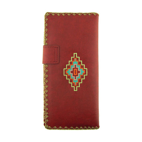 Online shopping for vegan brand LAVISHY's Eco-friendly, ethically made, cruelty free embroidered large flat wallet for women features American Southwest tribal pattern embroidery motif. Wholesale at www.lavishy.com for retailers like gift shop, clothing & fashion accessories boutique & book store worldwide since 2001.