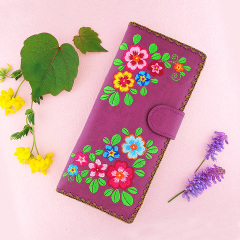 LAVISHY colorful flower embroidered large vegan flat wallet for women