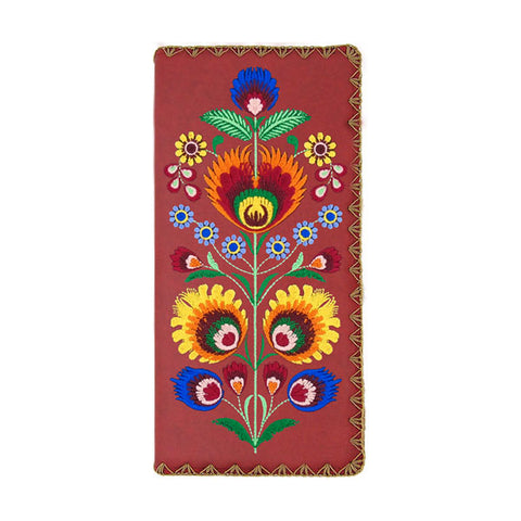 Online shopping for vegan brand LAVISHY's Eco-friendly, ethically made, cruelty free Bohemian flora embroidered large flat wallet for women. Wholesale at www.lavishy.com for retailers like gift shop, clothing & fashion accessories boutique & book store worldwide since 2001.
