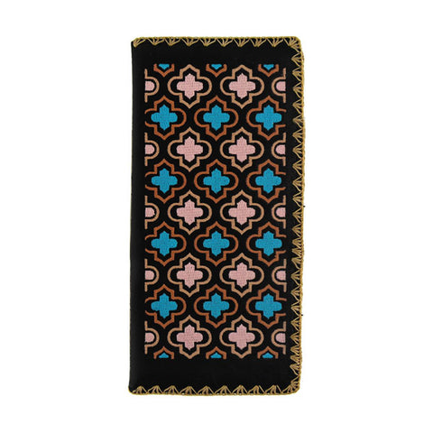 Online shopping for vegan brand LAVISHY's Eco-friendly, ethically made, cruelty free embroidered large flat wallet for women features Moroccan pattern embroidery motif. Wholesale at www.lavishy.com for retailers like gift shop, clothing & fashion accessories boutique & book store worldwide since 2001.