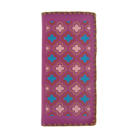 Online shopping for vegan brand LAVISHY's Eco-friendly, ethically made, cruelty free embroidered large flat wallet for women features Moroccan pattern embroidery motif. Wholesale at www.lavishy.com for retailers like gift shop, clothing & fashion accessories boutique & book store worldwide since 2001.