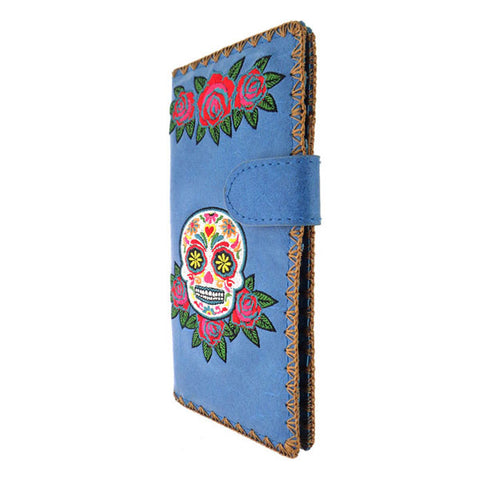 LAVISHY Eco-friendly, ethically made, cruelty free embroidered large flat wallet for women features Mexican day of the dead sugar skull & rose flower motif. Wholesale at www.lavishy.com for retailers like gift shop, clothing & fashion accessories boutique & book store worldwide since 2001.