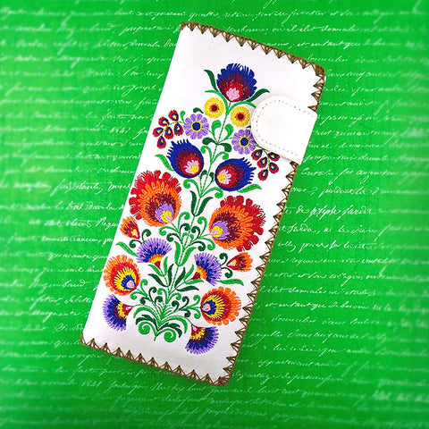 LAVISHY Eco-friendly, ethically made, cruelty free embroidered large flat wallet for women features Bohemian style Polish flora embroidery motif. Wholesale at www.lavishy.com for retailers like gift shop, clothing & fashion accessories boutique & book store worldwide since 2001.