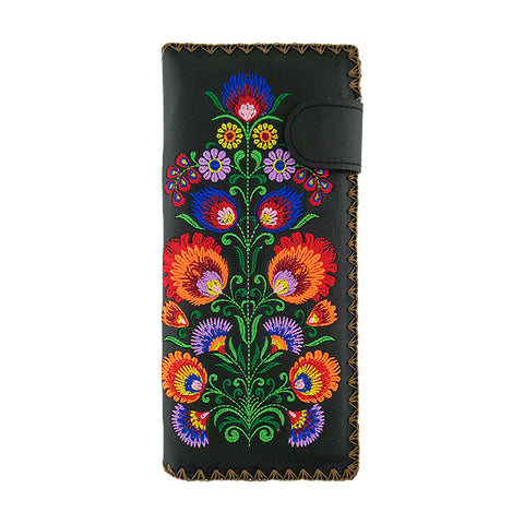 LAVISHY Eco-friendly, ethically made, cruelty free embroidered large flat wallet for women features Bohemian style Polish flora embroidery motif. Wholesale at www.lavishy.com for retailers like gift shop, clothing & fashion accessories boutique & book store worldwide since 2001.