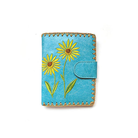 LAVISHY Eco-friendly, ethically made, cruelty free sunflower embroidered vegan medium wallet for women. Wholesale at www.lavishy.com for retailers like gift shop, clothing & fashion accessories boutique, book store worldwide since 2001.