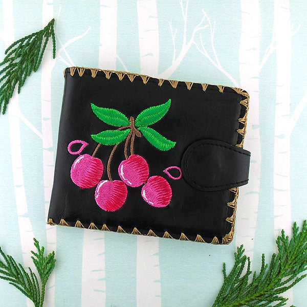 Lavishy Embroidered Butterfly & Cherry Blossom - Vegan Coin Purse Black / .