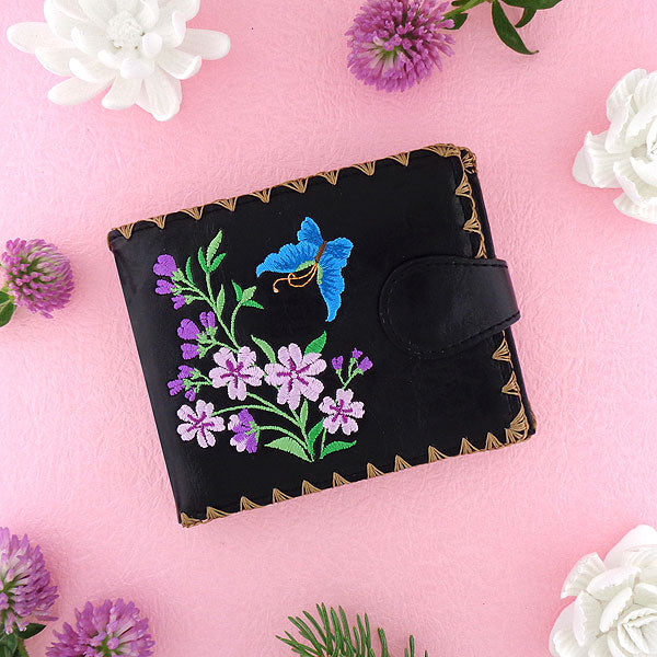 LAVISHY embroidered flower & butterfly vegan medium wallet for