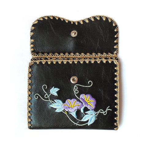 embroidered morning glory vegan medium wallet for women, this Eco-friendly, ethically made, cruelty free wallet's lovely embroidery motif is framed by decorative stitches around the edge. Wholesale at www.lavishy.com with unique & fun fashion accessories for gift shop, boutique & corporate buyers.